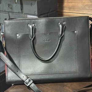 Claci Black Leather Accordion Color Side Tote Business Briefcase Bag